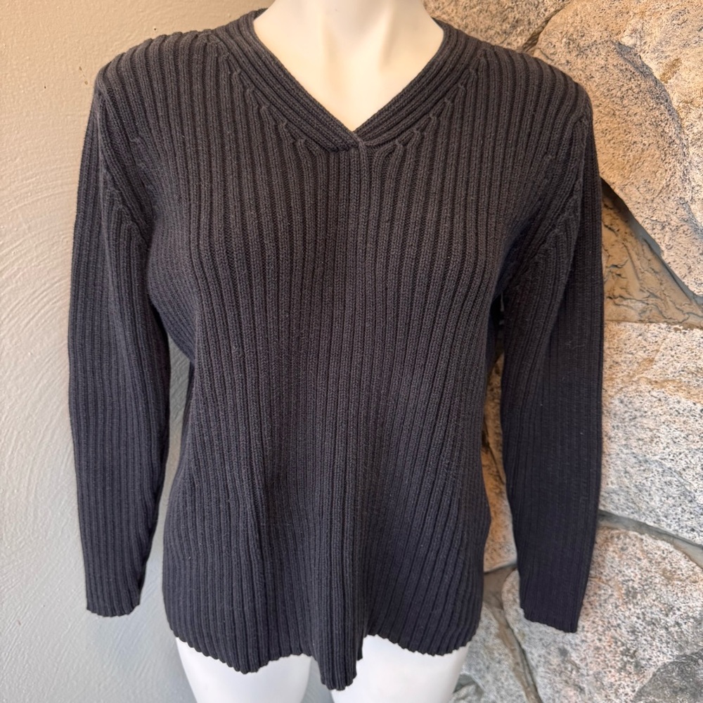 Vintage 80s 90s Express Tricot Black Ribbed V-Neck Long Sleeve Sweater Top